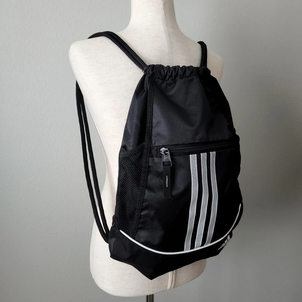 Adidas Black 3 Stripe Sackpack With Continuous Double Drawcord Closure